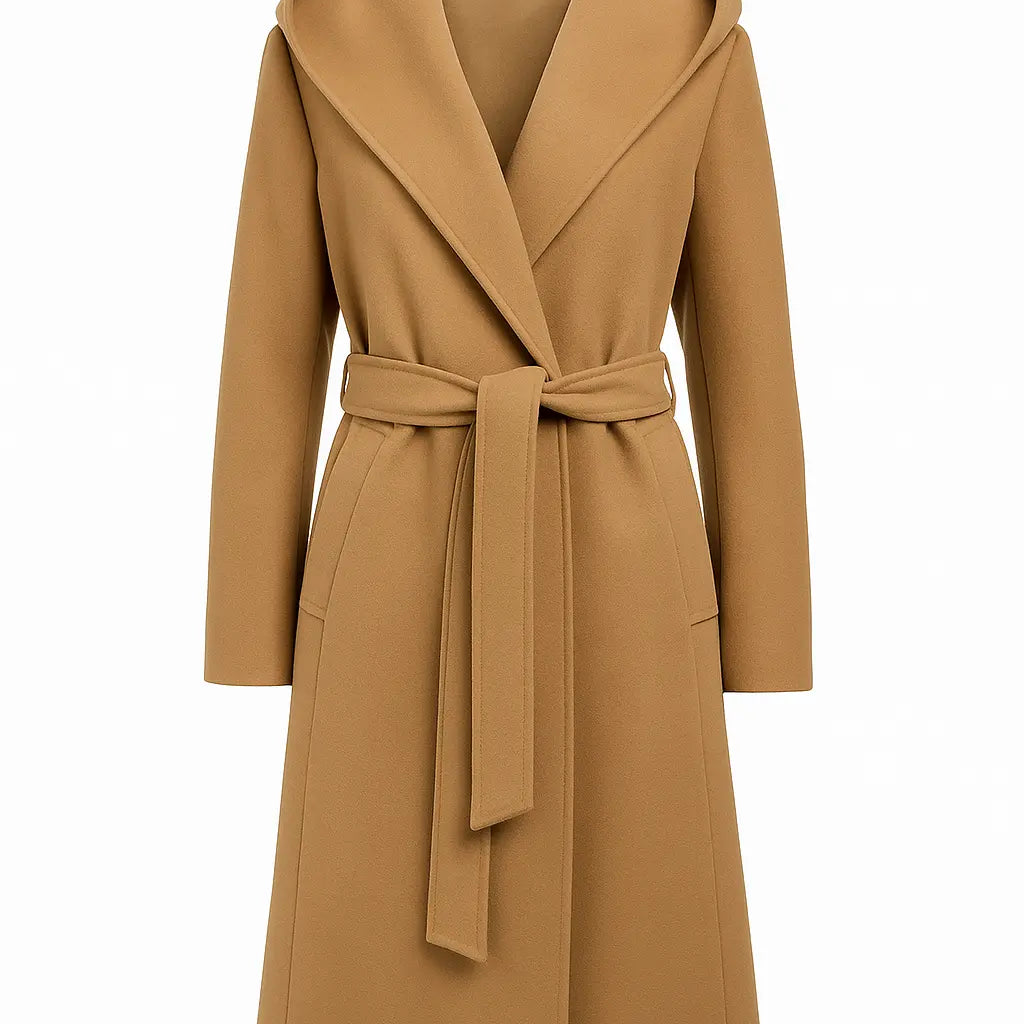 Cappotto con cappuccio e fusciacca DORABELLA XXL / cammello