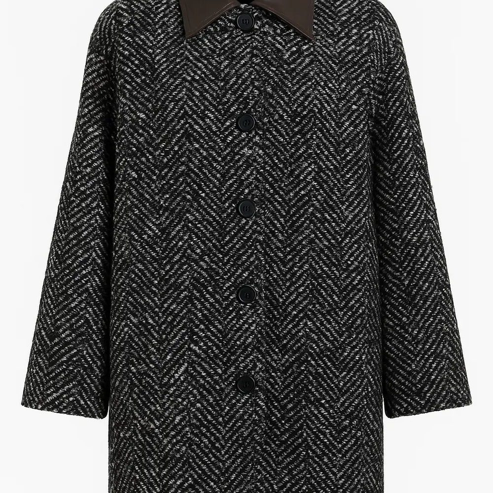 Cappotto fantasia spigata con collo in eco pelle UNICA by Ironica