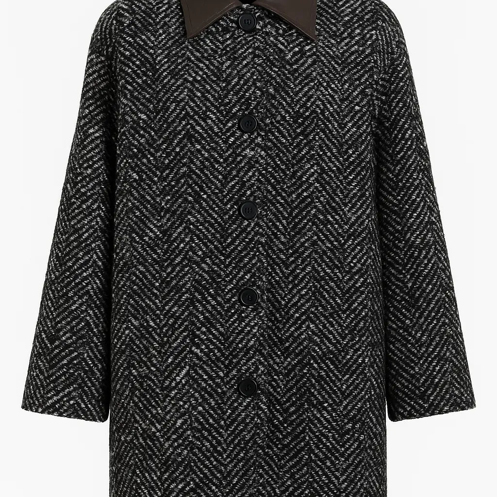 Cappotto fantasia spigata con collo in eco pelle UNICA by Ironica