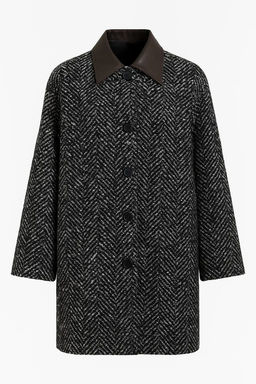 Cappotto fantasia spigata con collo in eco pelle UNICA by Ironica