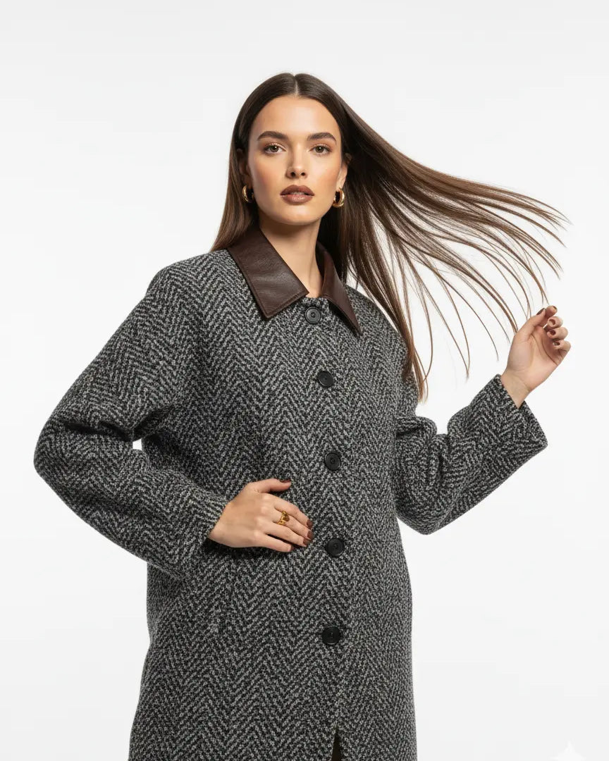 Cappotto fantasia spigata con collo in eco pelle UNICA by Ironica