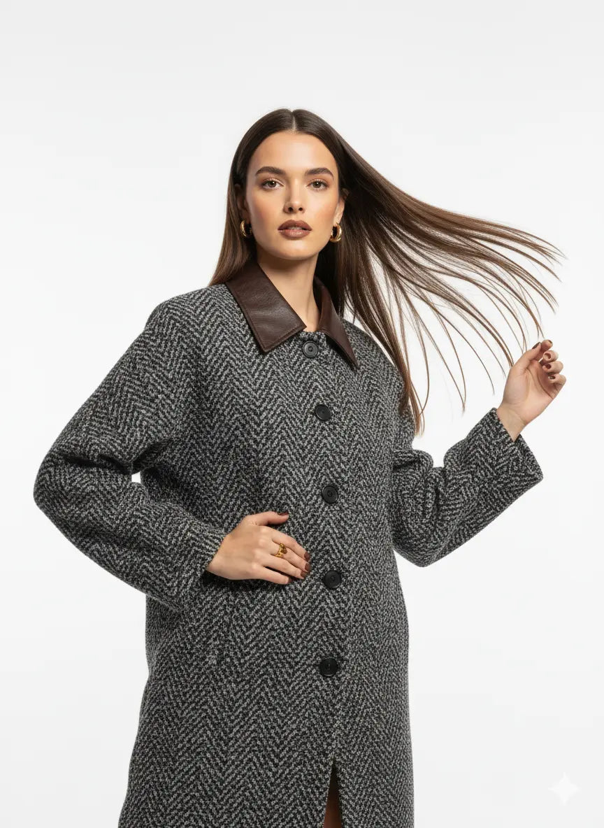 Cappotto fantasia spigata con collo in eco pelle UNICA by Ironica