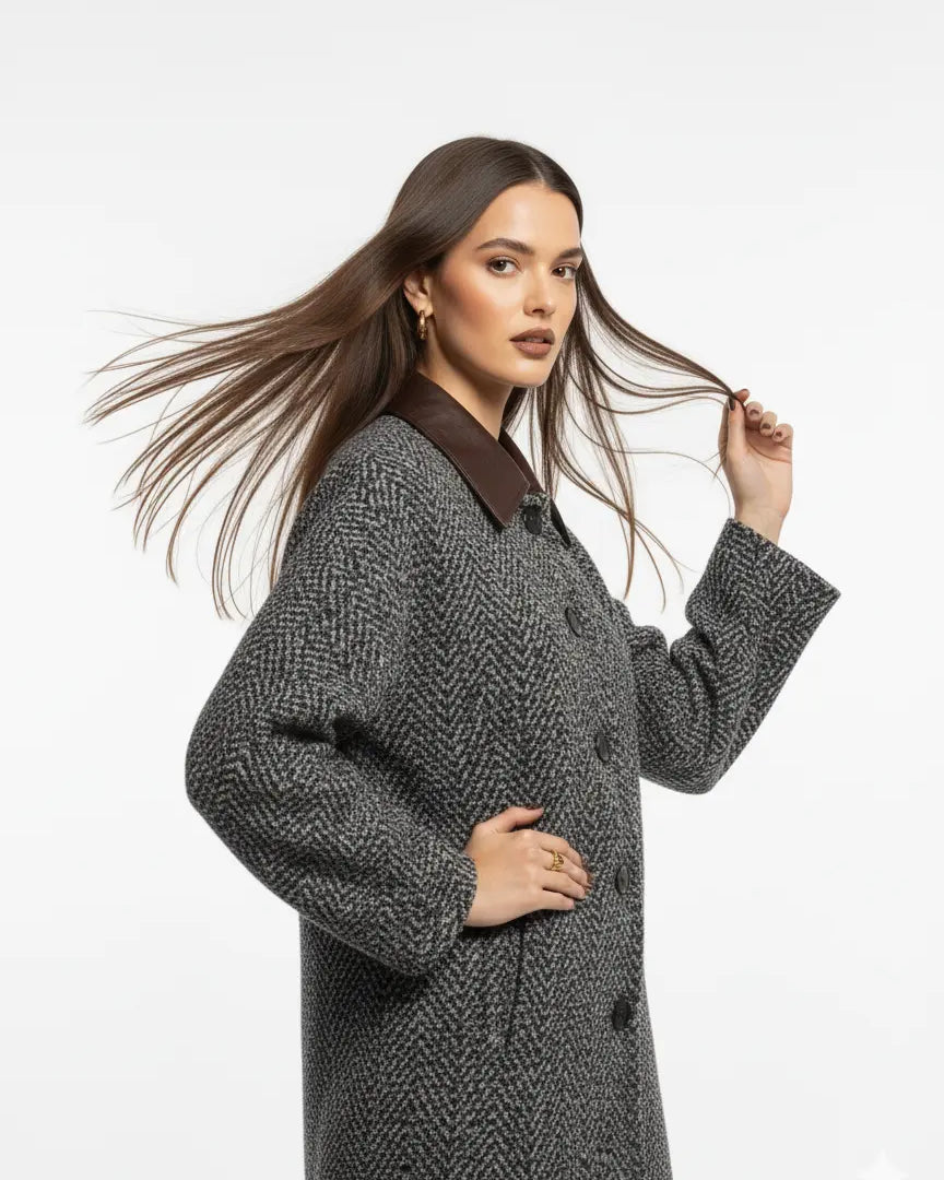 Cappotto fantasia spigata con collo in eco pelle UNICA by Ironica