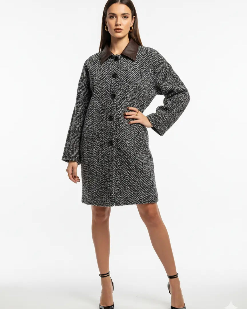 Cappotto fantasia spigata con collo in eco pelle UNICA by Ironica