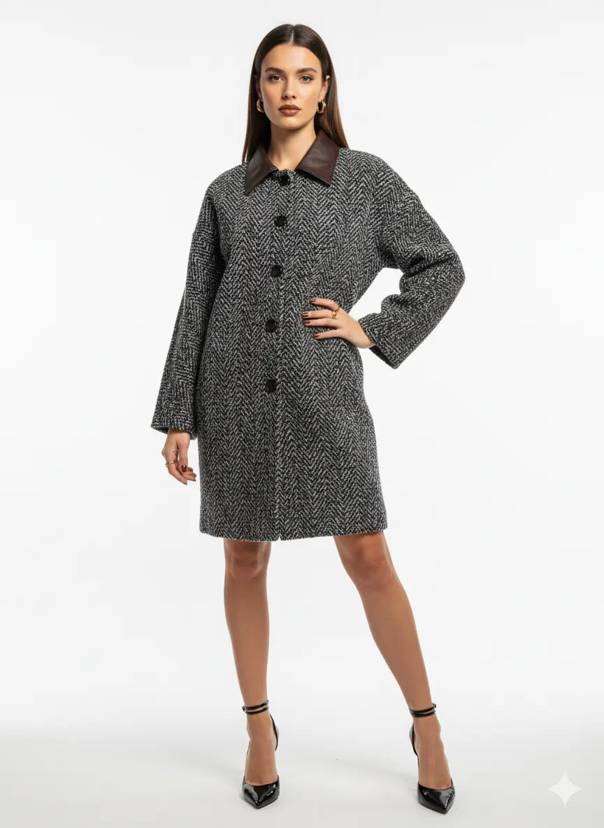 Cappotto fantasia spigata con collo in eco pelle UNICA by Ironica