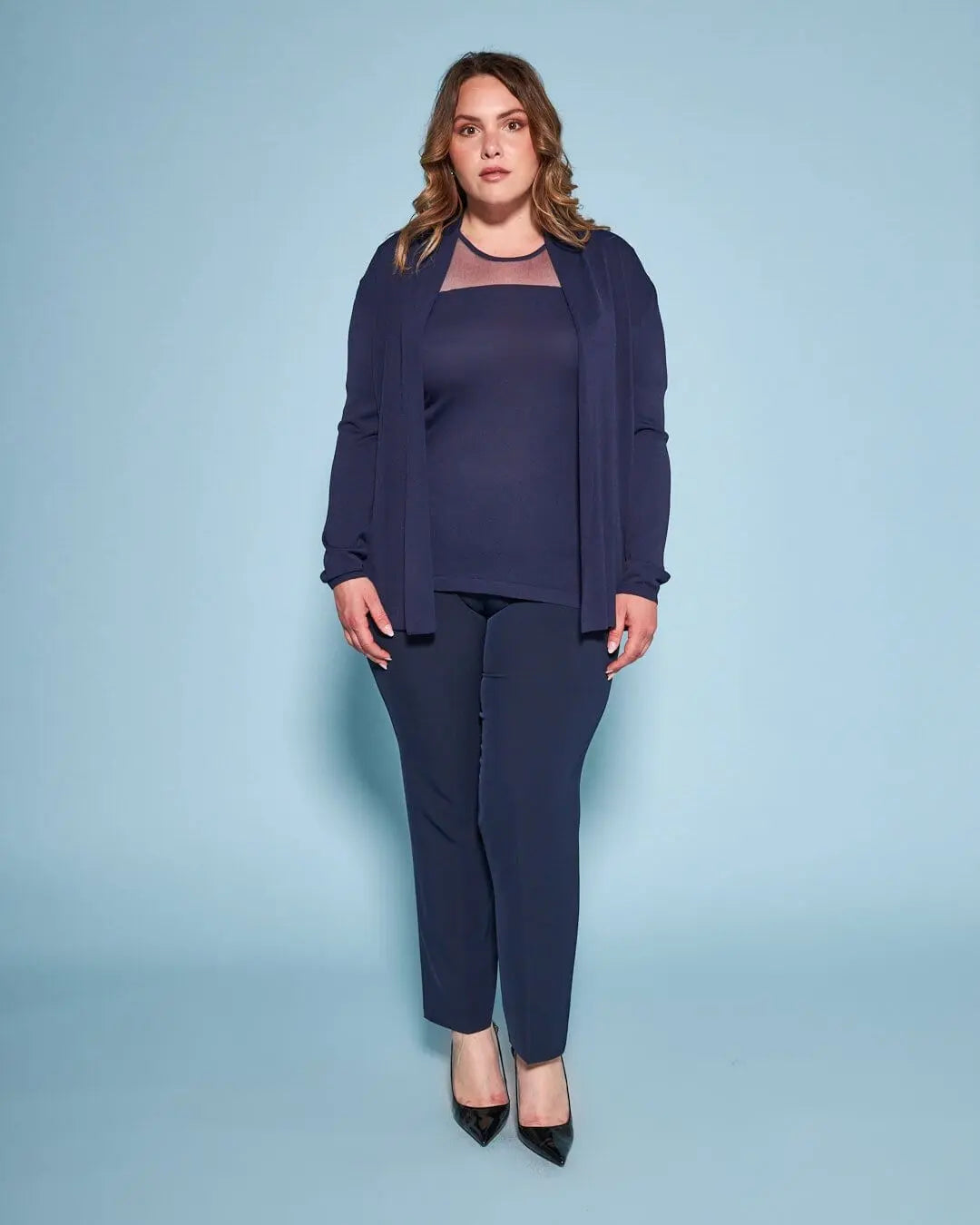 Cardigan aperto in maglia di misto viscosa con logo in strass BLU DORABELLA PIU'