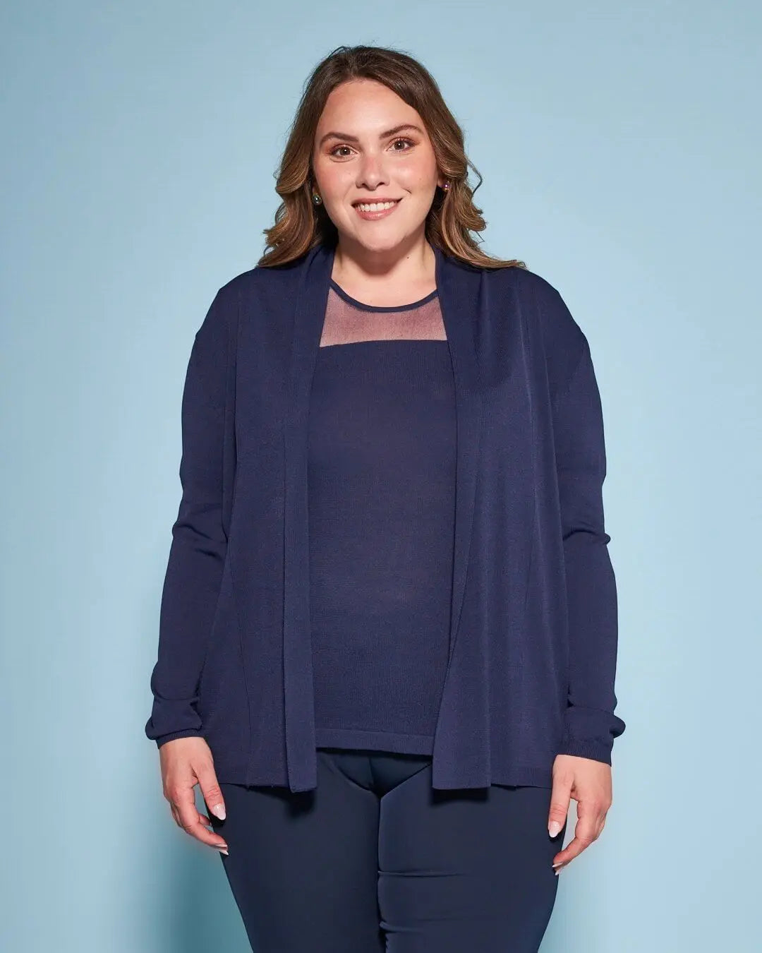 Cardigan aperto in maglia di misto viscosa con logo in strass BLU DORABELLA PIU'