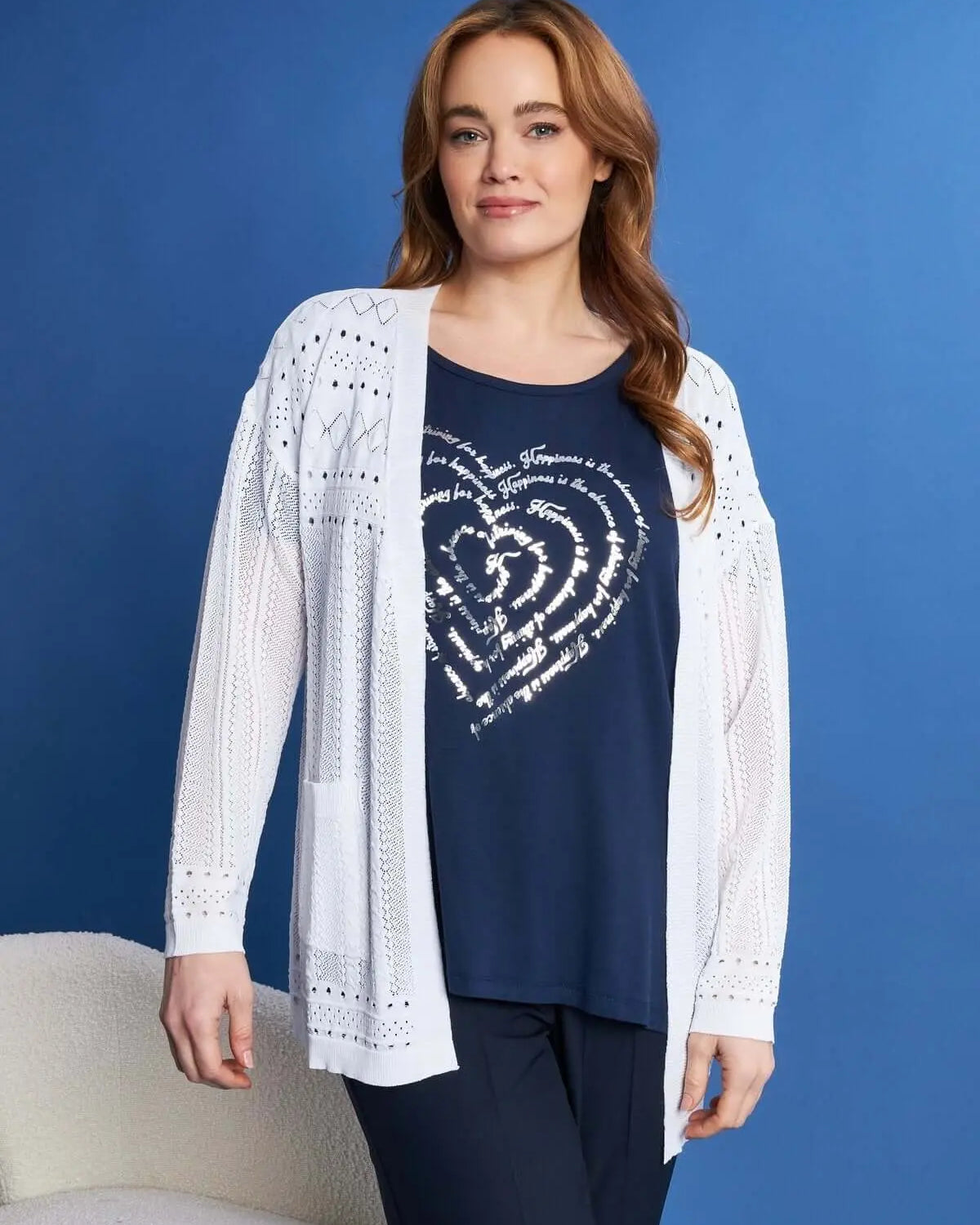 Cardigan aperto in maglia pointelle di misto viscosa WHITE DORABELLA PIU' XXXL