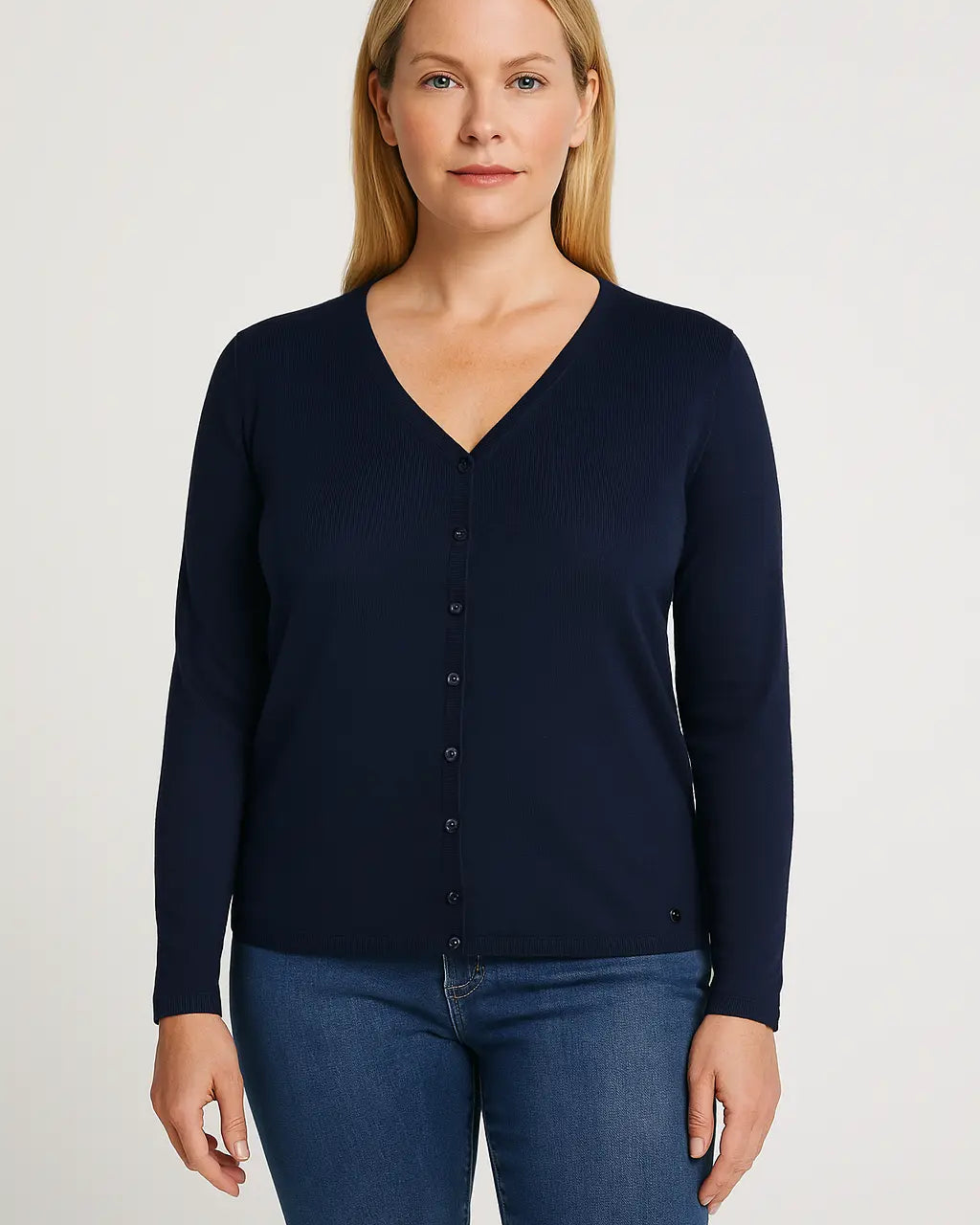 Cardigan basic con bottoni in maglia di misto viscosa con logo in strass BLU-NAVY DORABELLA