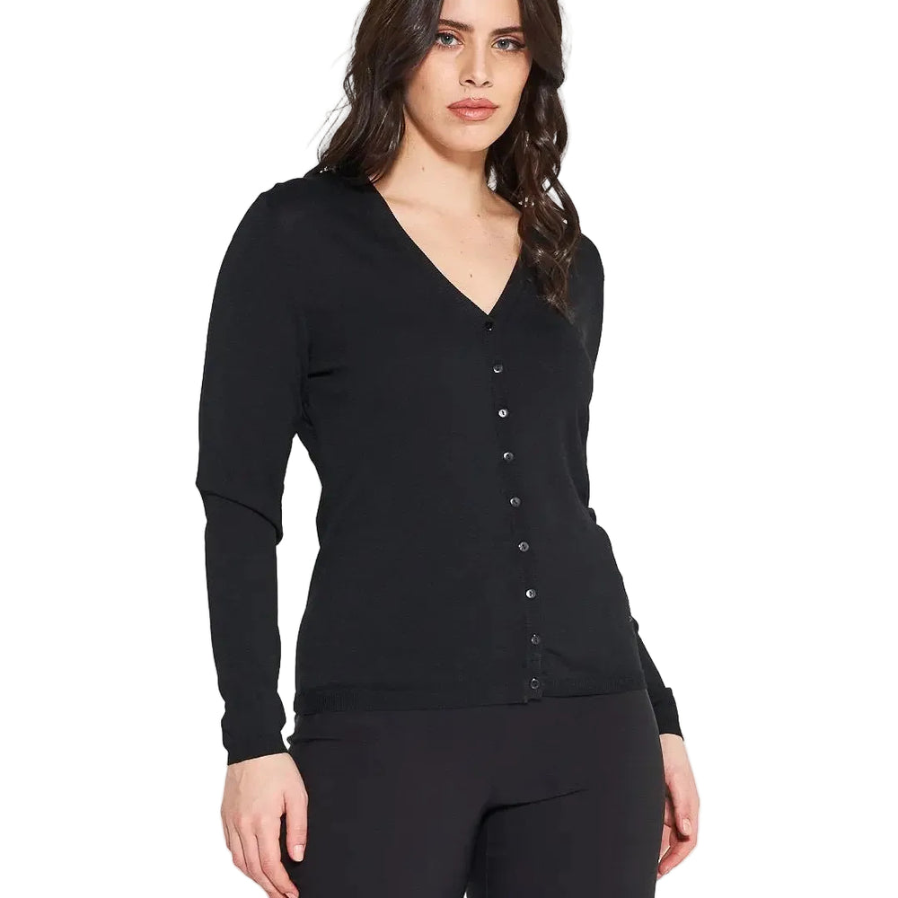 Cardigan basic con bottoni in maglia di misto viscosa con logo in strass NERO DORABELLA XXL