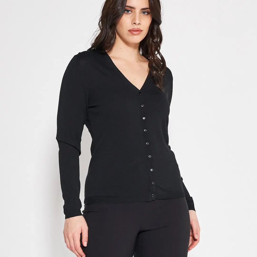 Cardigan basic con bottoni in maglia di misto viscosa con logo in strass NERO DORABELLA XXL