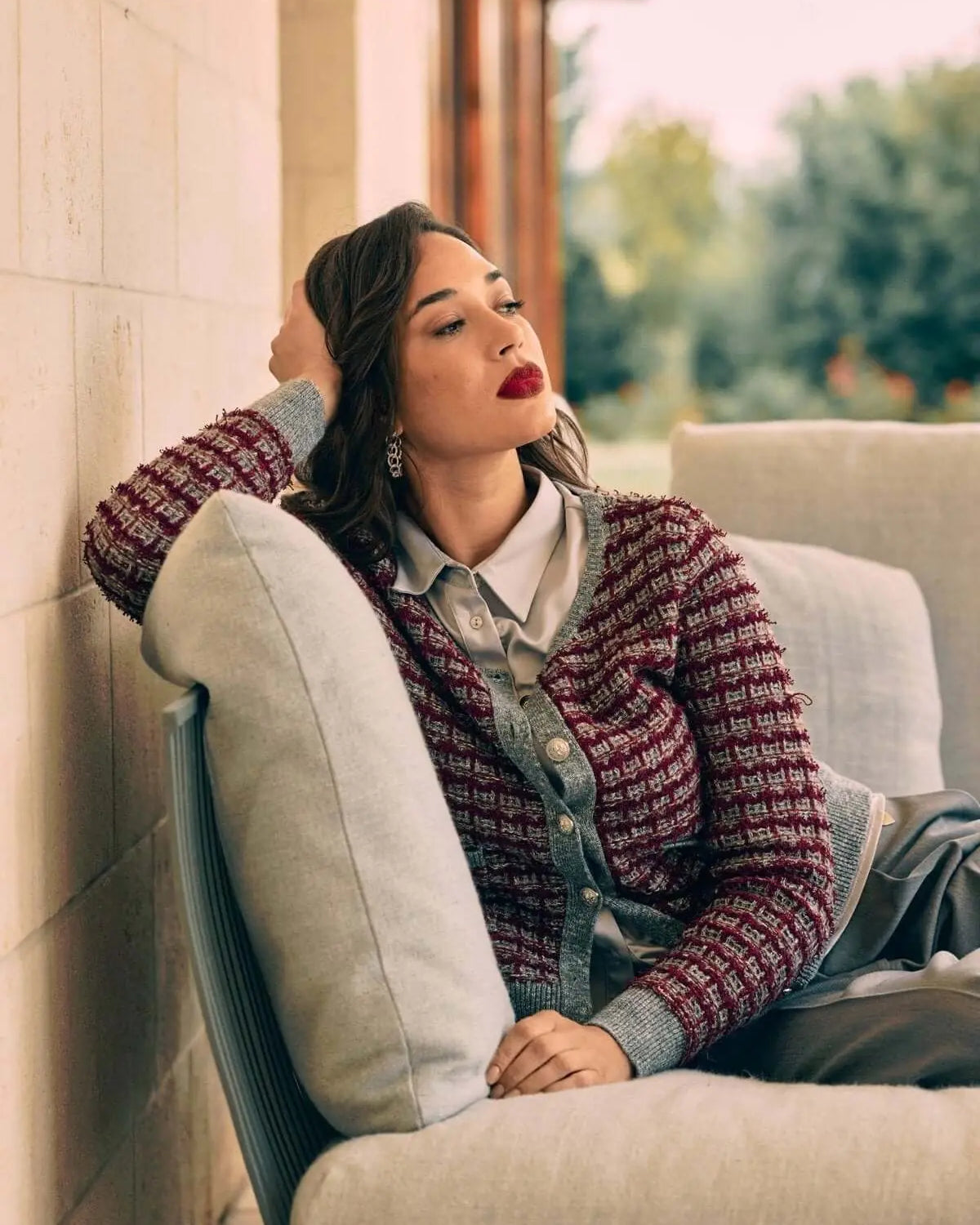 Cardigan bouclè con tasche e inserti a contrasto GRIGIO DORABELLA