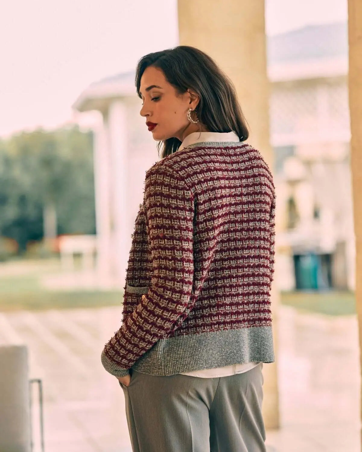 Cardigan bouclè con tasche e inserti a contrasto GRIGIO DORABELLA