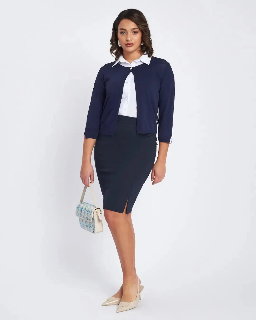Cardigan girocollo con bottone gioiello BLU DORABELLA