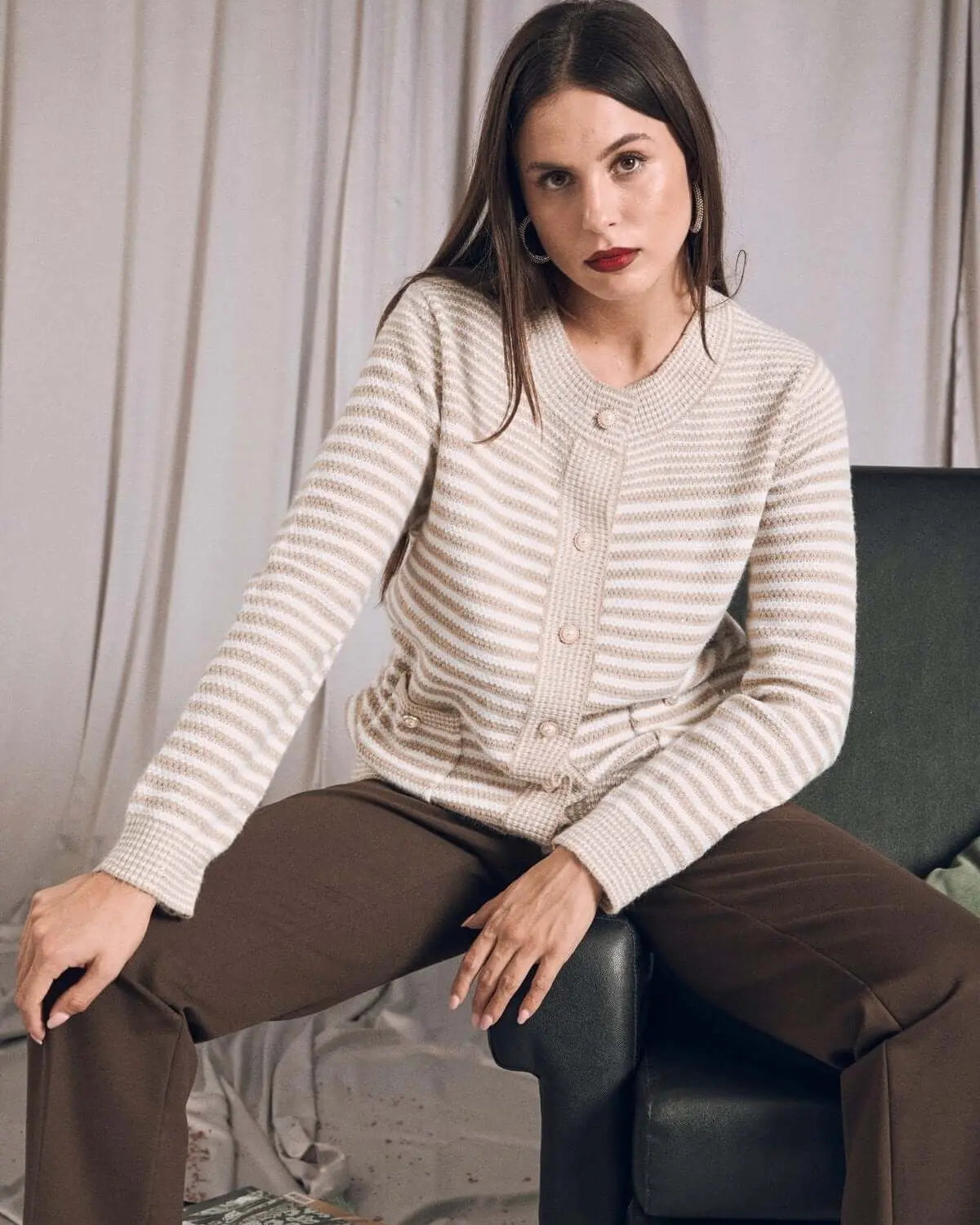 Cardigan con bottoni e motivo a righe LIGHT BEIGE DORABELLA