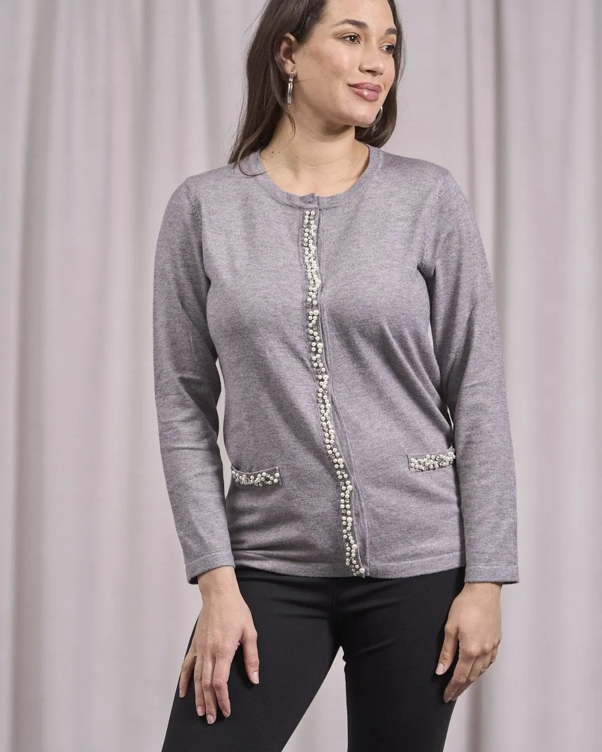 Cardigan con frisi e applicazioni di perle GRIGIO DORABELLA