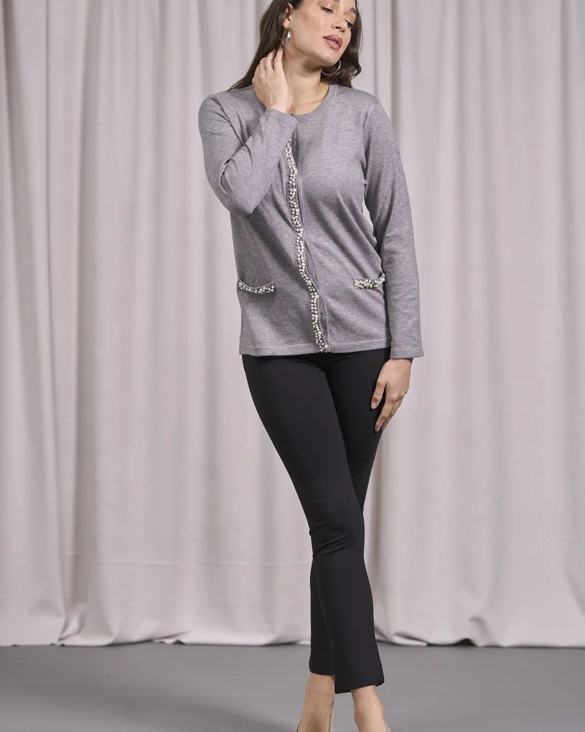 Cardigan con frisi e applicazioni di perle GRIGIO DORABELLA