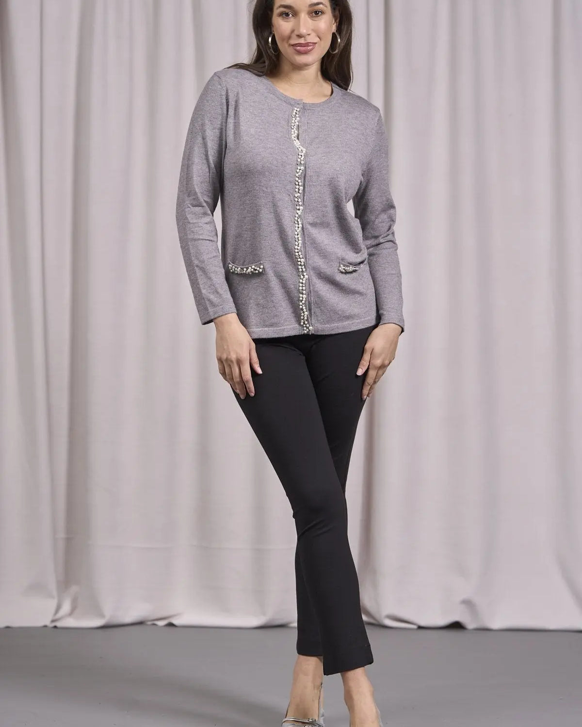 Cardigan con frisi e applicazioni di perle GRIGIO DORABELLA