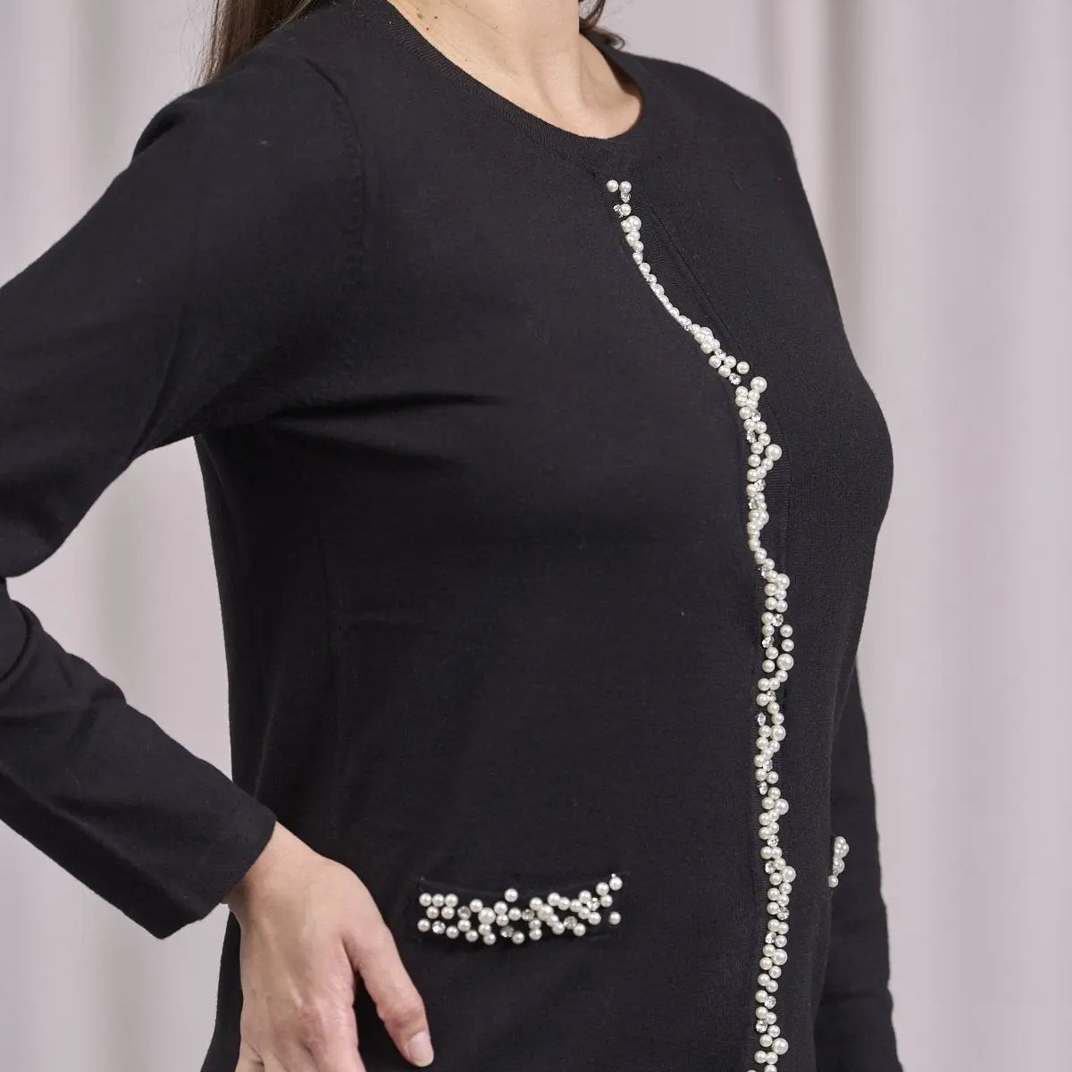 Cardigan con frisi e applicazioni di perle NERO DORABELLA