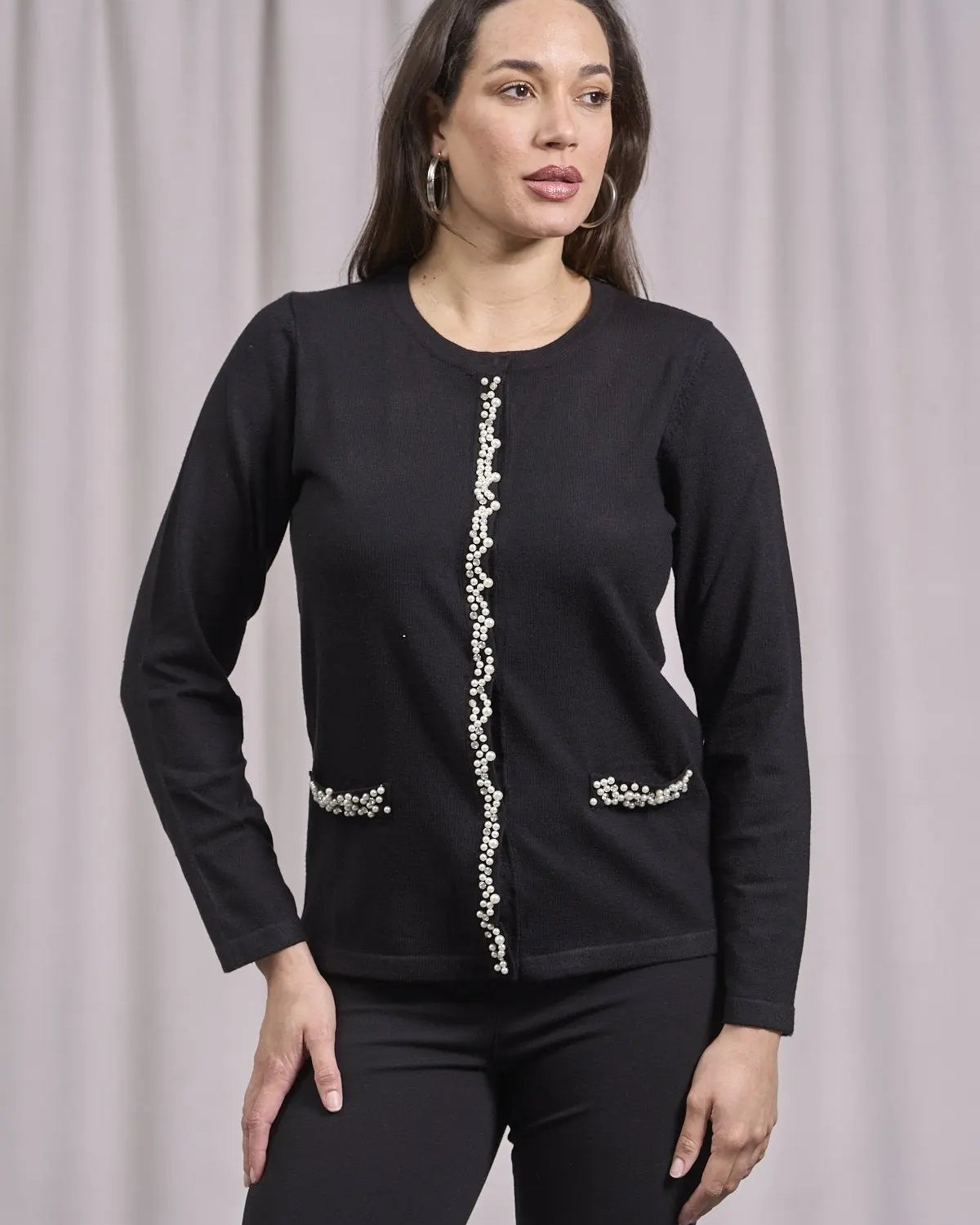 Cardigan con frisi e applicazioni di perle NERO DORABELLA