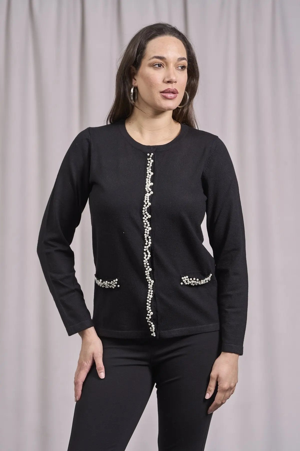 Cardigan con frisi e applicazioni di perle NERO DORABELLA