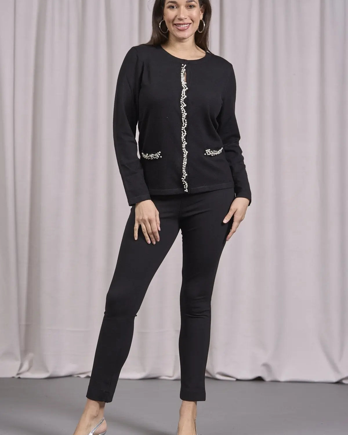 Cardigan con frisi e applicazioni di perle NERO DORABELLA