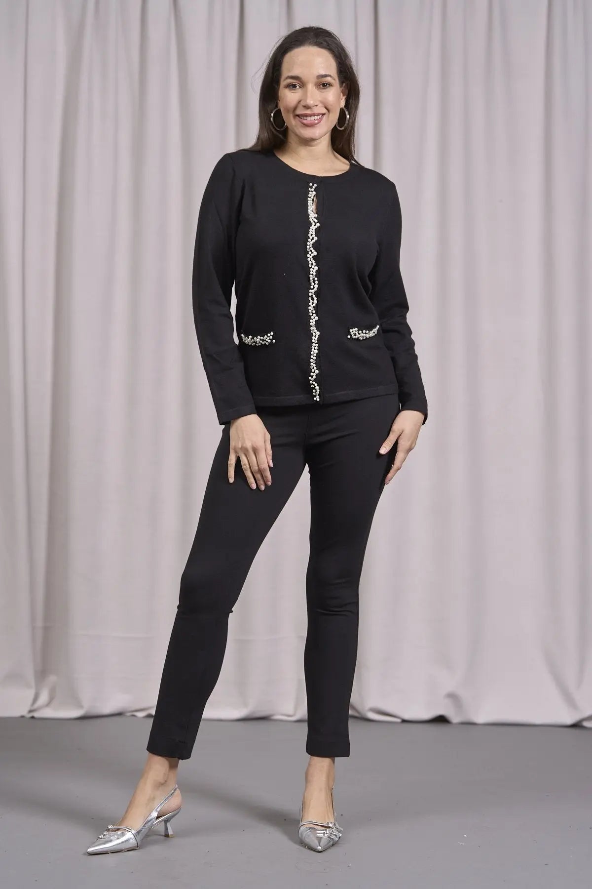 Cardigan con frisi e applicazioni di perle NERO DORABELLA