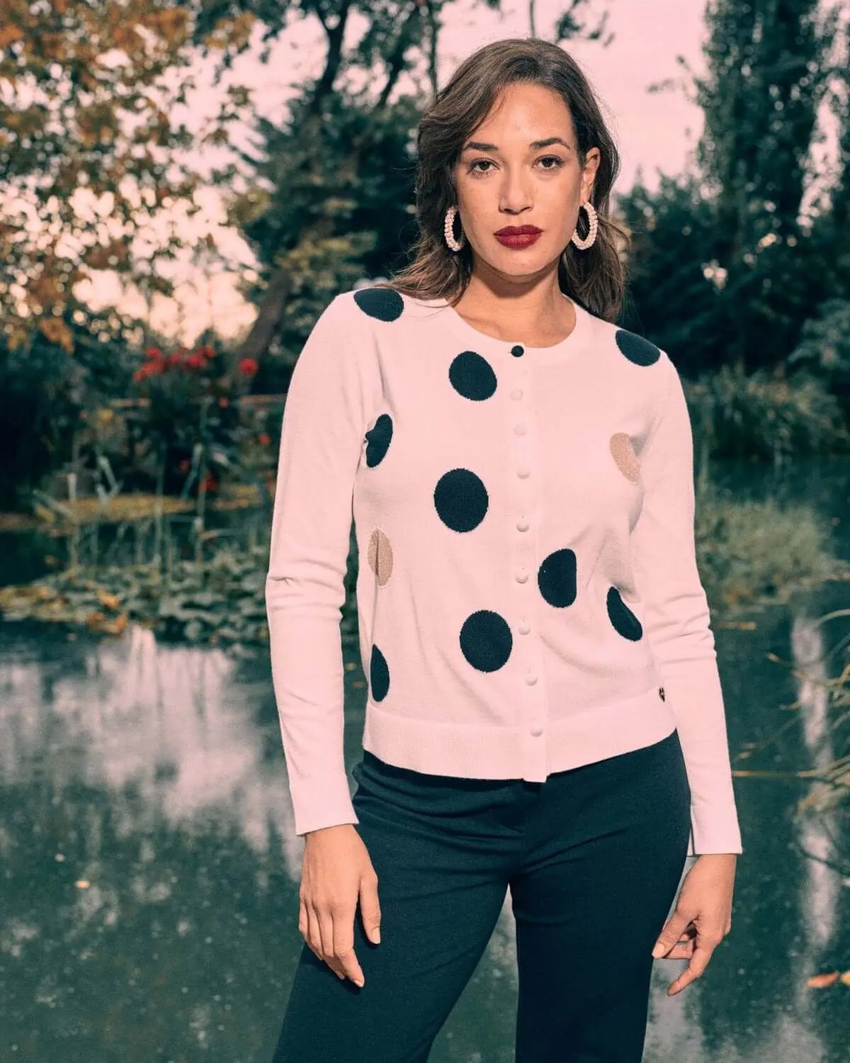 Cardigan con motivo a pois frontale e dettagli in tinta unita OFF WHITE DORABELLA XL