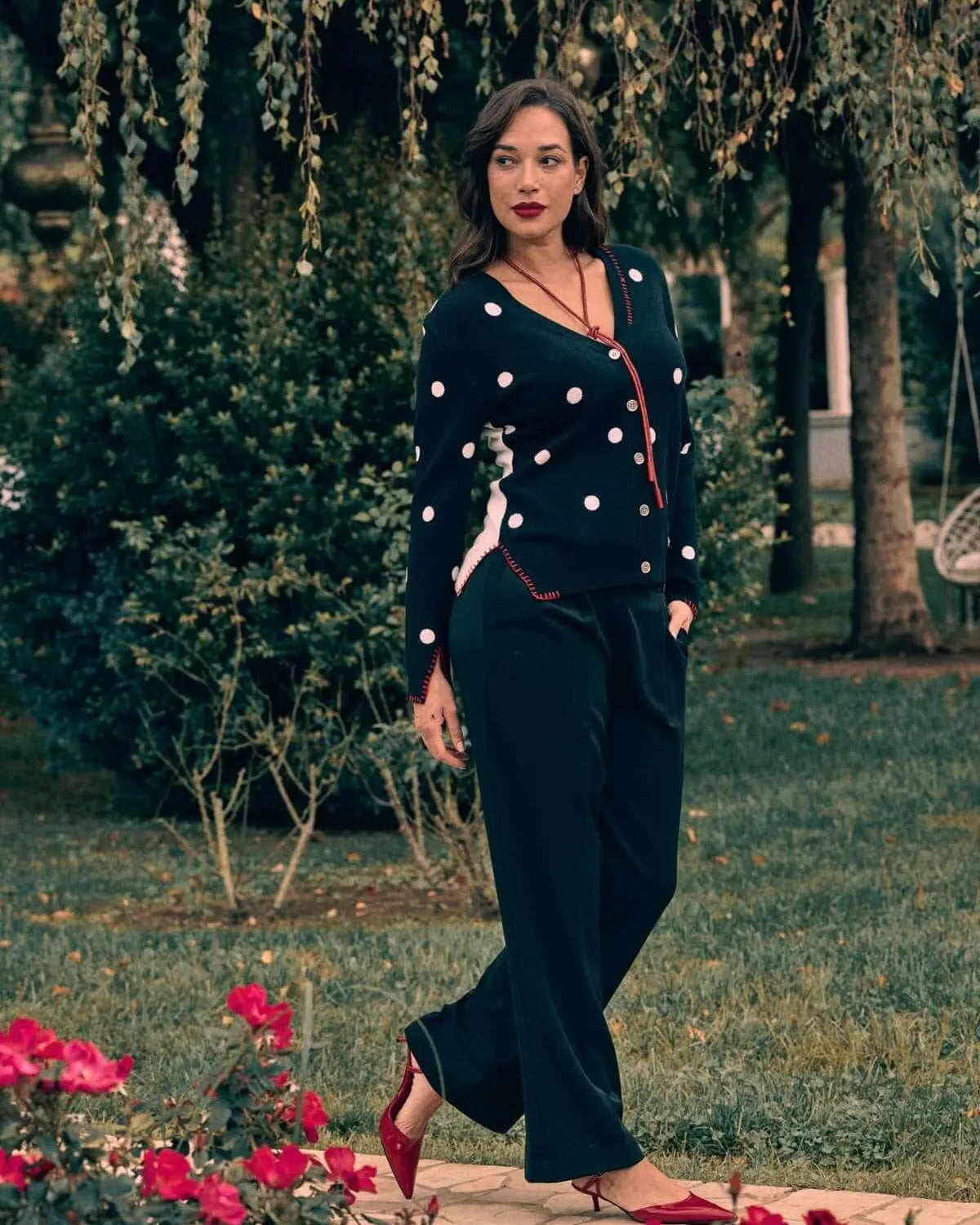 Cardigan con scollo a V ed intarsio a pois sul davanti NERO DORABELLA XL