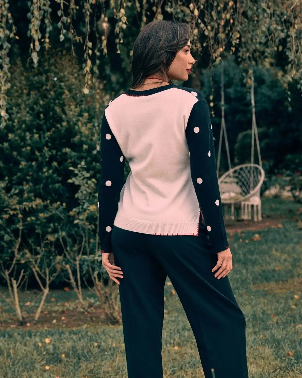 Cardigan con scollo a V ed intarsio a pois sul davanti NERO DORABELLA