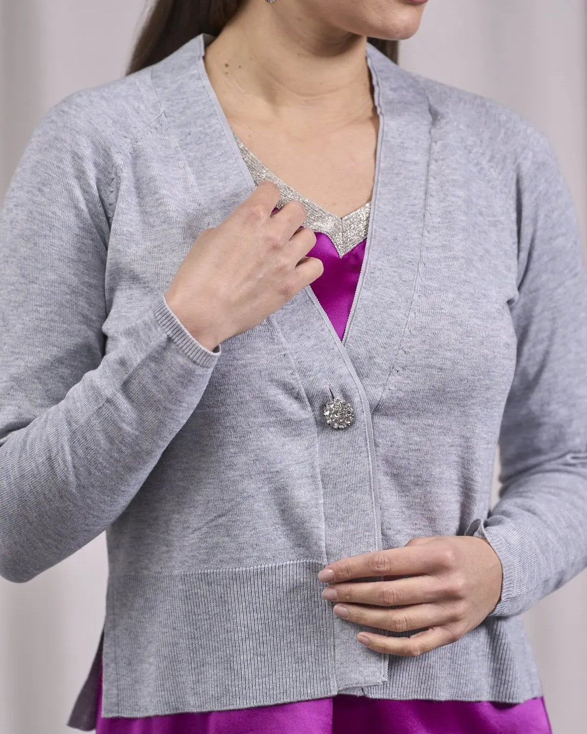 Cardigan cropped con bottone gioiello GRIGIO MELANGE IRONICA