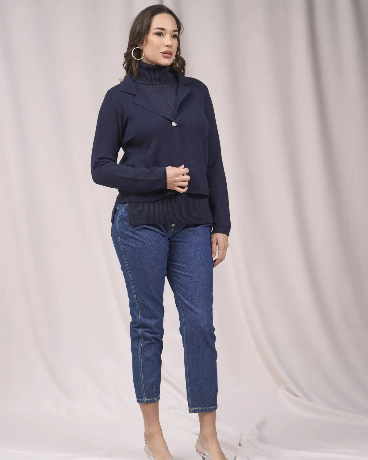 Cardigan cropped con collo, rever e bottone BLU IRONICA