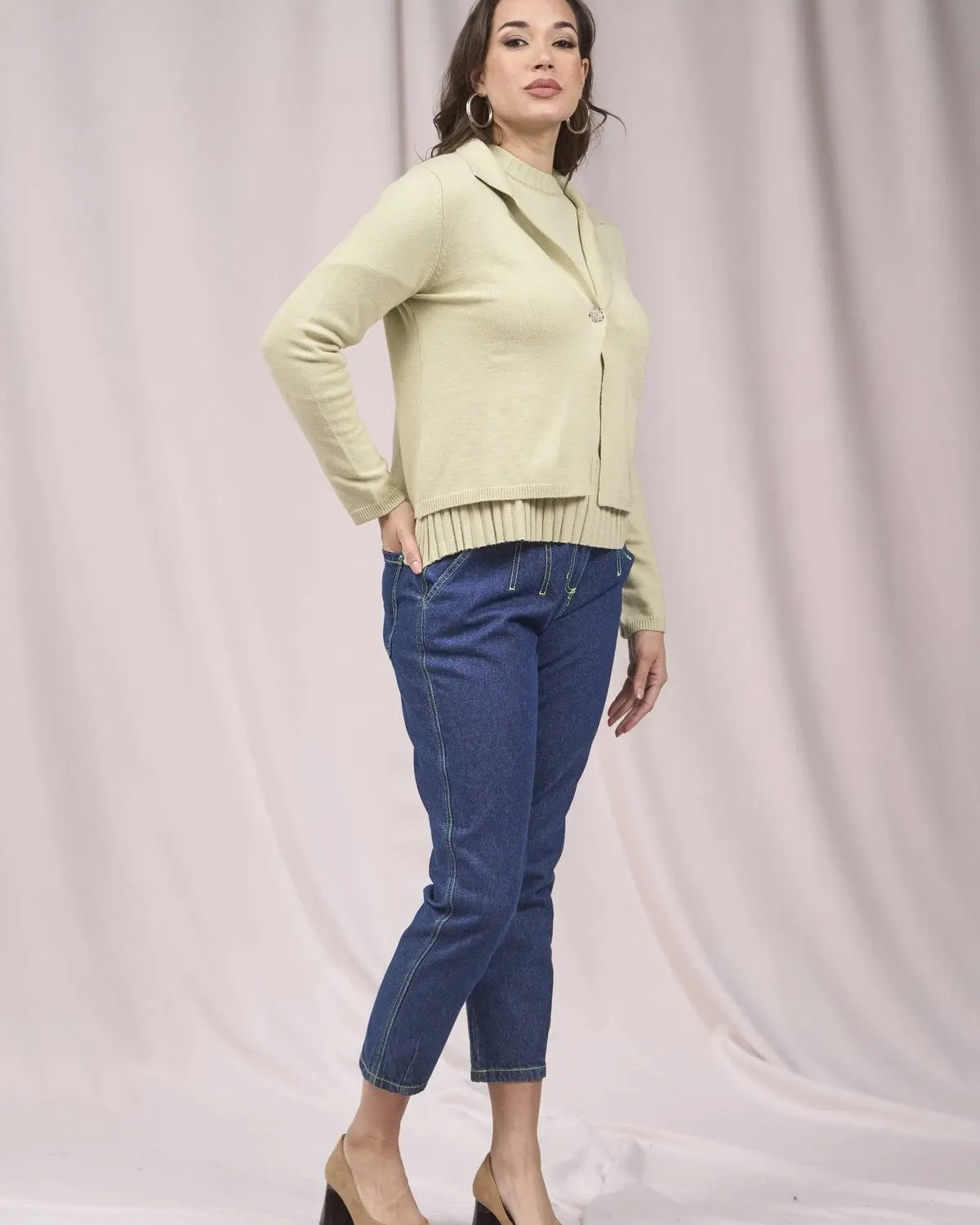 Cardigan cropped con collo, rever e bottone VERDE IRONICA