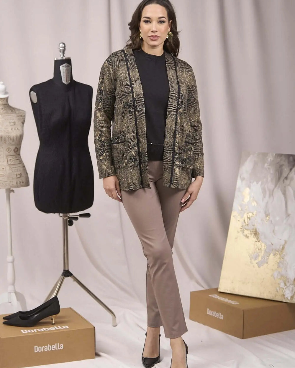 Cardigan fantasia jacquard lurex con tasche NERO-ORO DORABELLA XXXL
