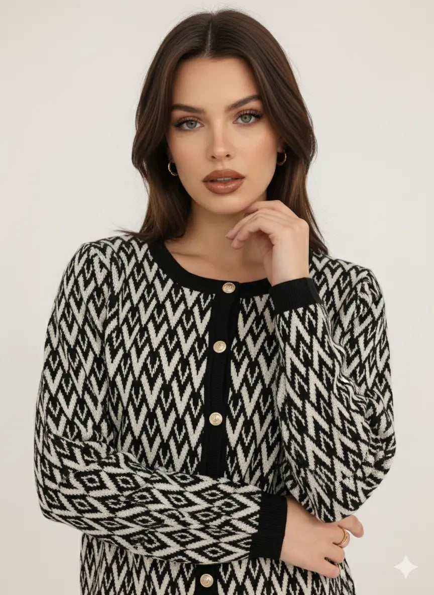 Cardigan girocollo fantasia con profili a contrasto DORABELLA