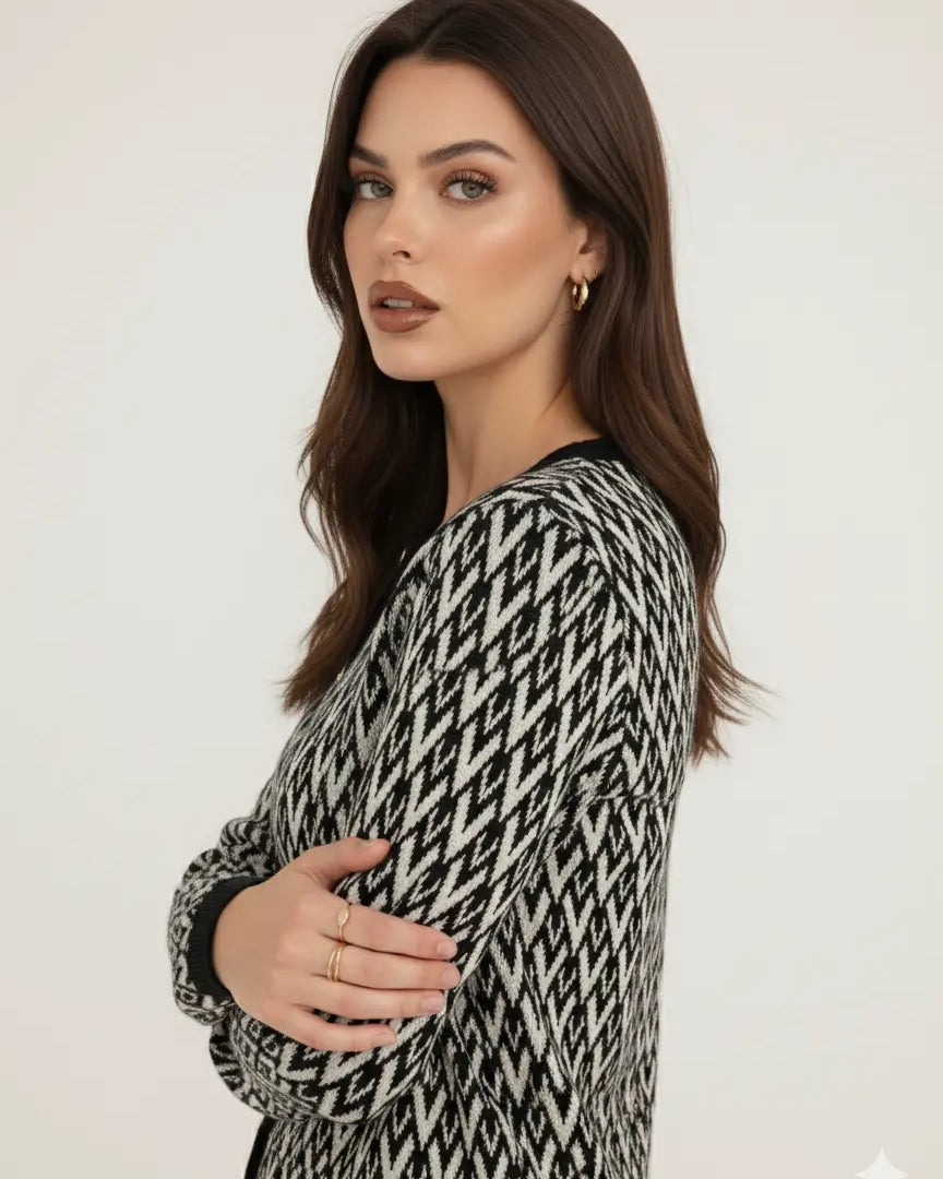 Cardigan girocollo fantasia con profili a contrasto DORABELLA