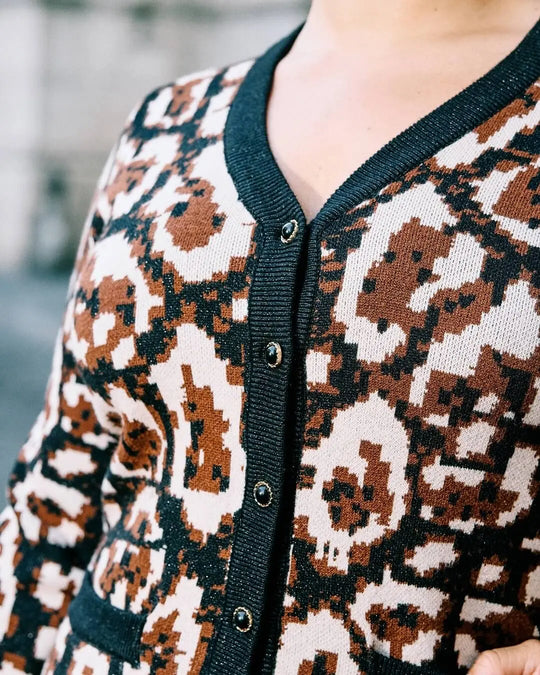 Cardigan in jacquard animalier con contrasti a tinta unita e bottoni gioiello ANIMALIER DORABELLA