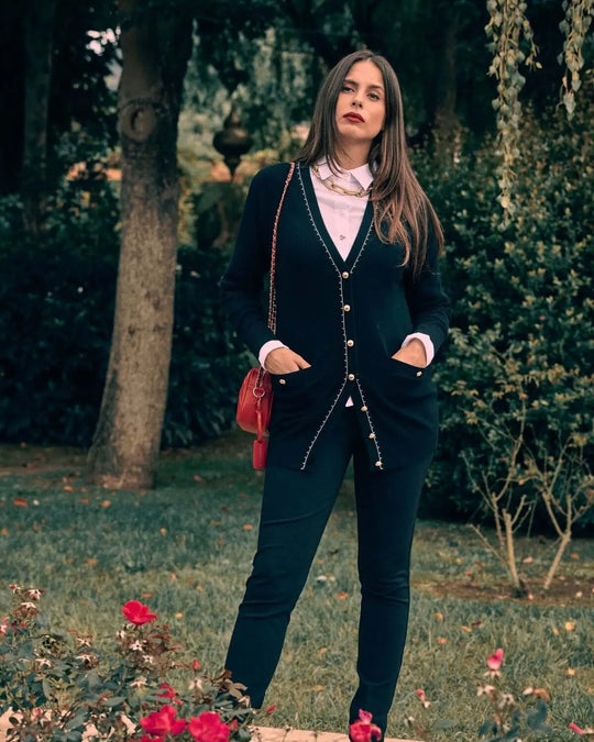 Cardigan midi con abbonttonatura frontale, taschini e dettagli gioiello NERO DORABELLA XL