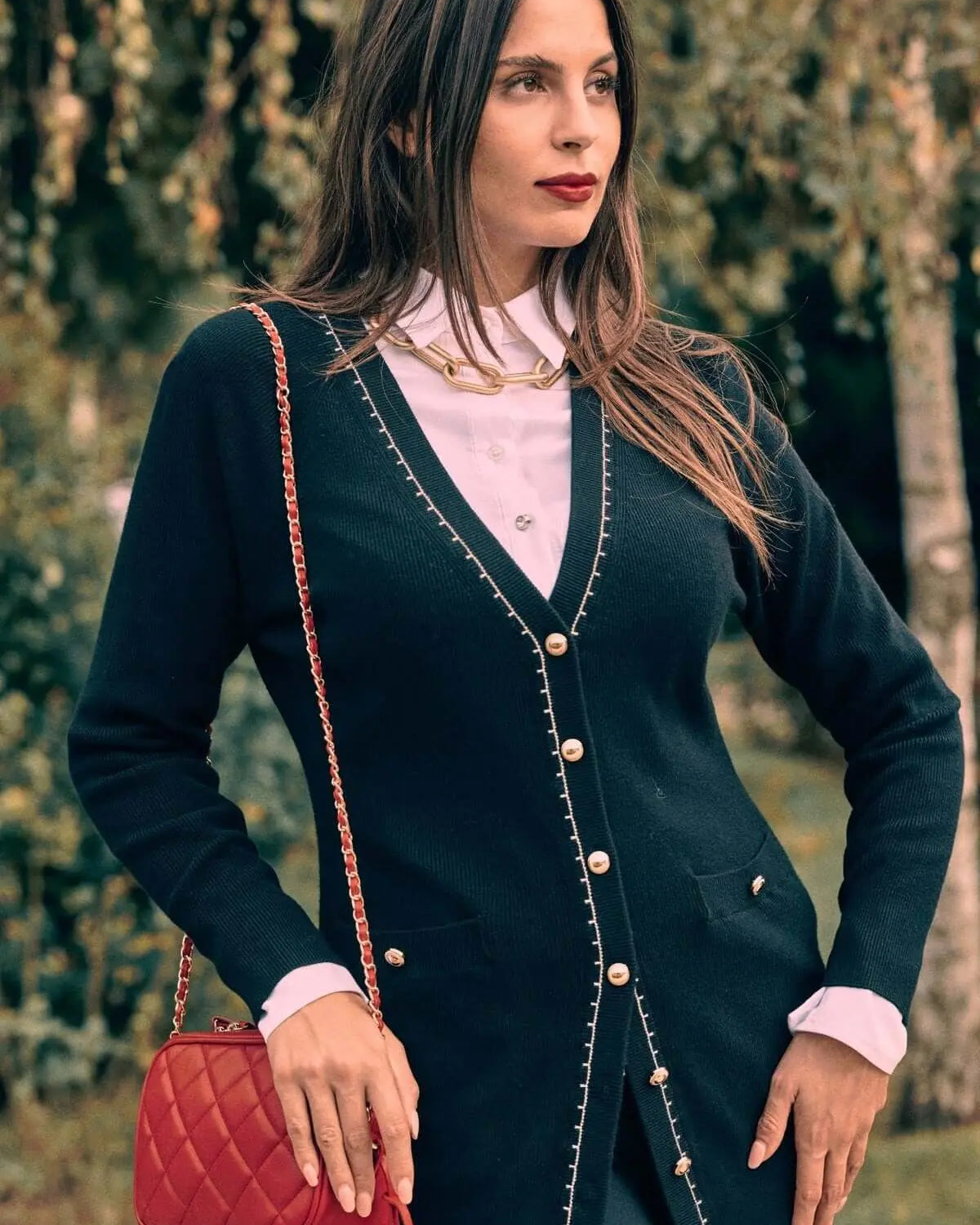 Cardigan midi con abbonttonatura frontale, taschini e dettagli gioiello NERO DORABELLA