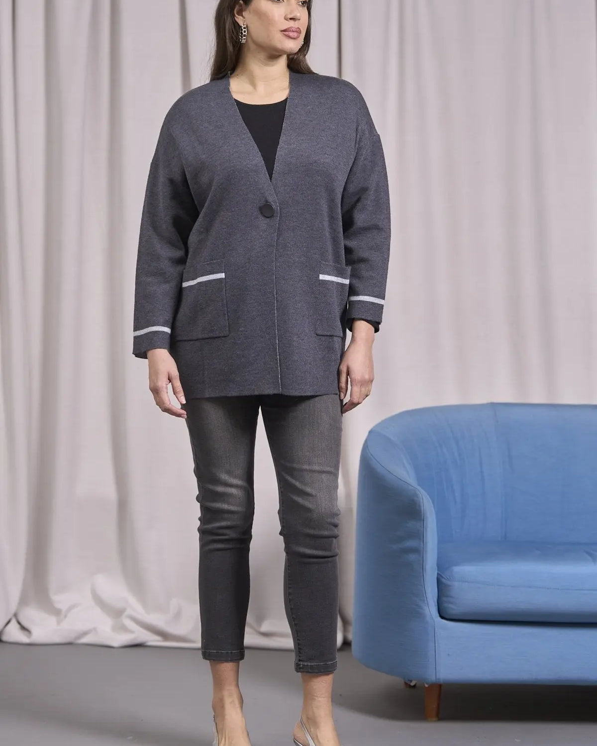 Cardigan monopetto a taglio vivo con tasche ANTRACITE IRONICA