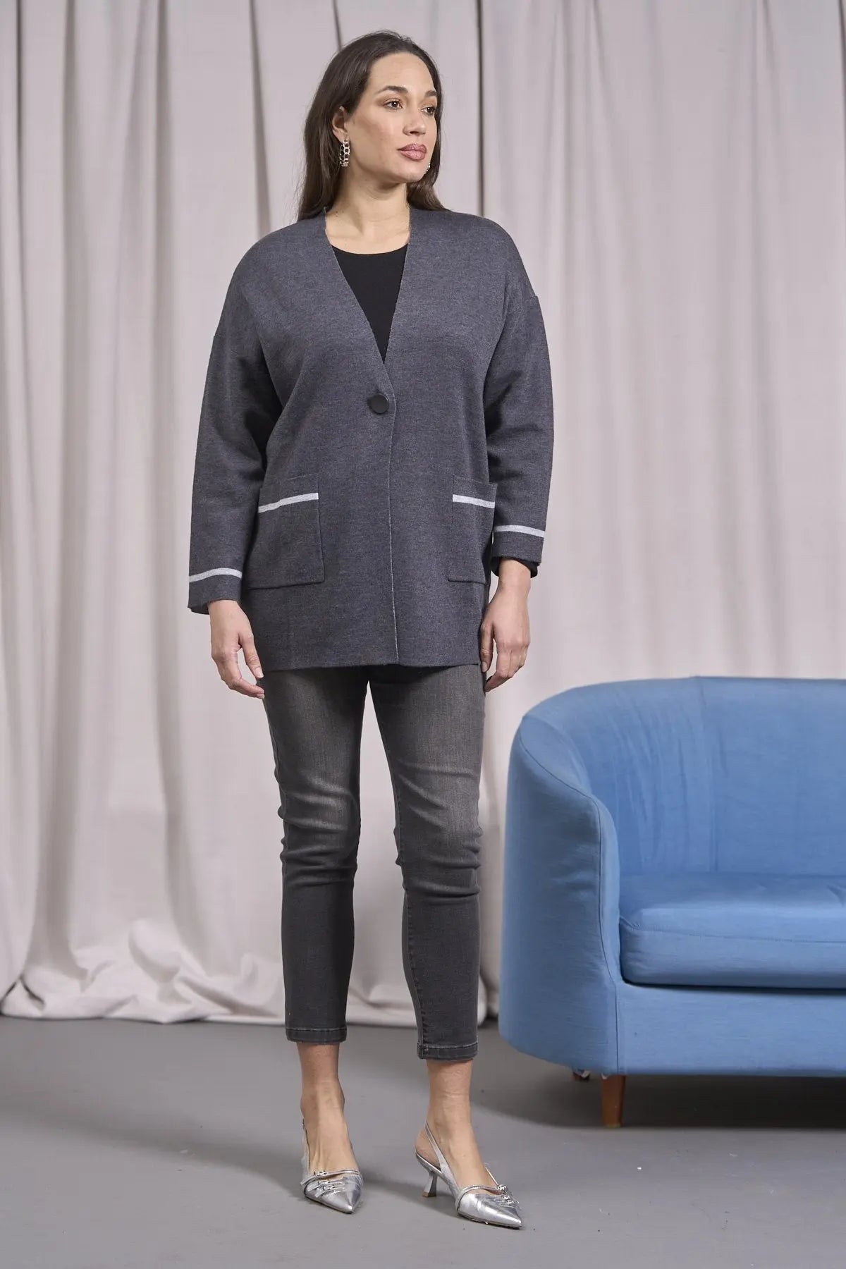 Cardigan monopetto a taglio vivo con tasche ANTRACITE IRONICA