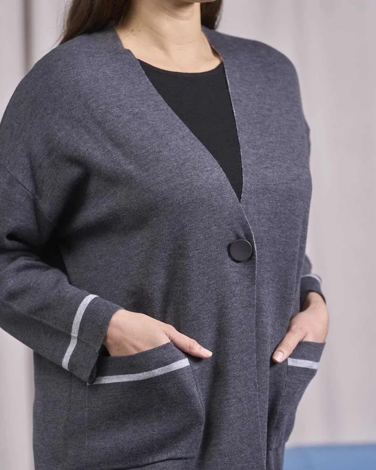 Cardigan monopetto a taglio vivo con tasche ANTRACITE IRONICA