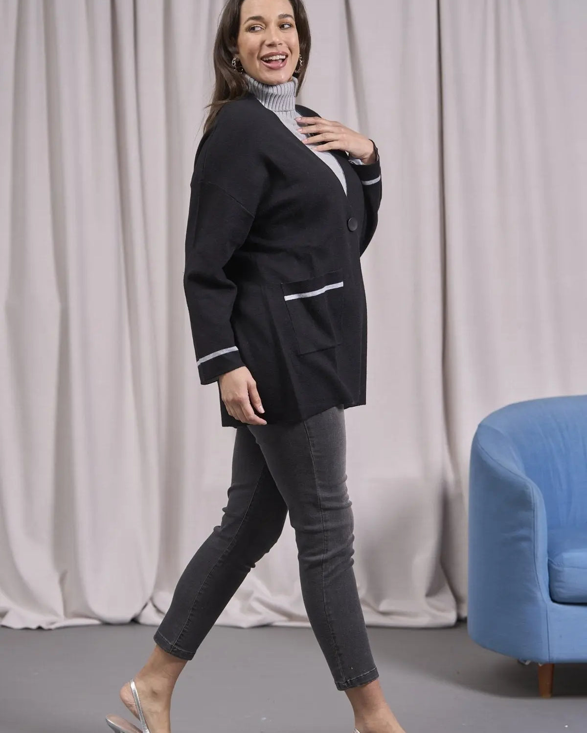 Cardigan monopetto a taglio vivo con tasche NERO IRONICA