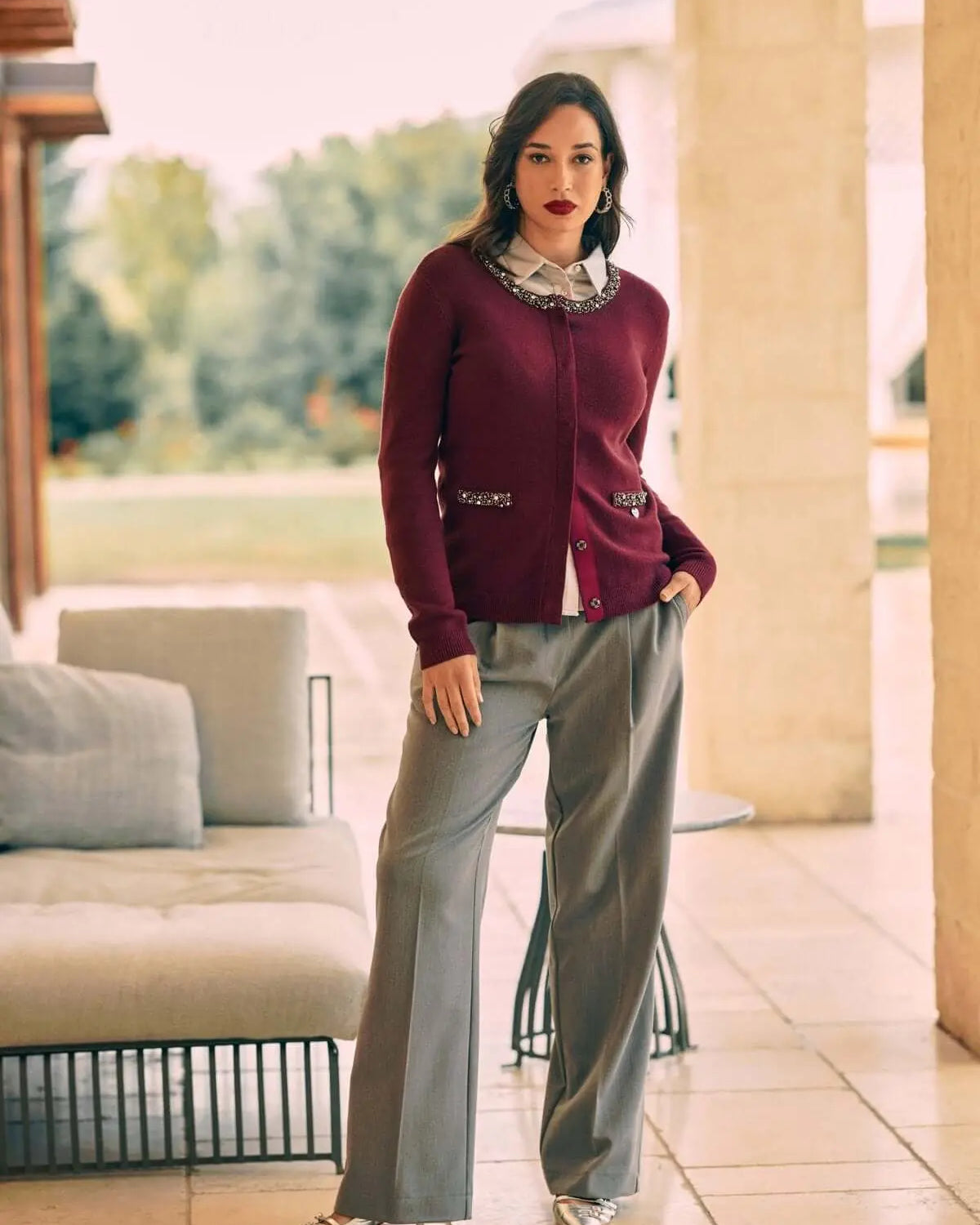 Cardigan nero monopetto con dettagli gioiello BORDEAUX DORABELLA XL