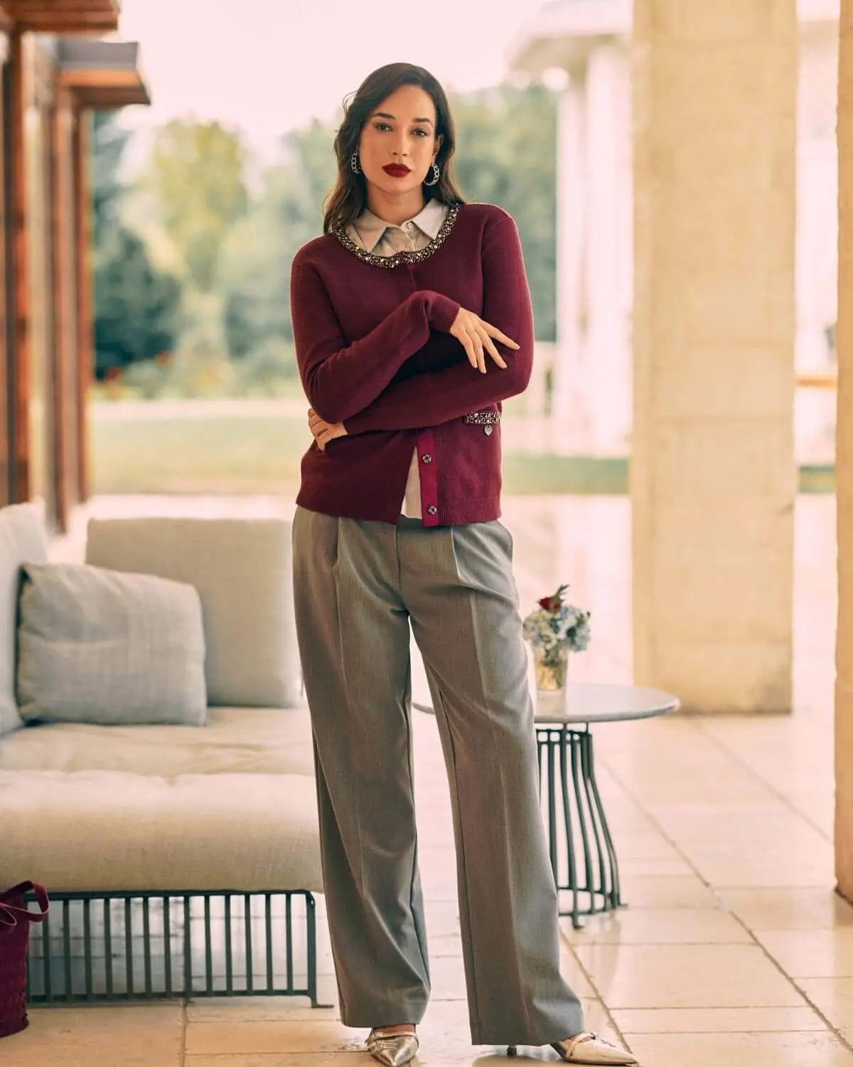 Cardigan nero monopetto con dettagli gioiello BORDEAUX DORABELLA