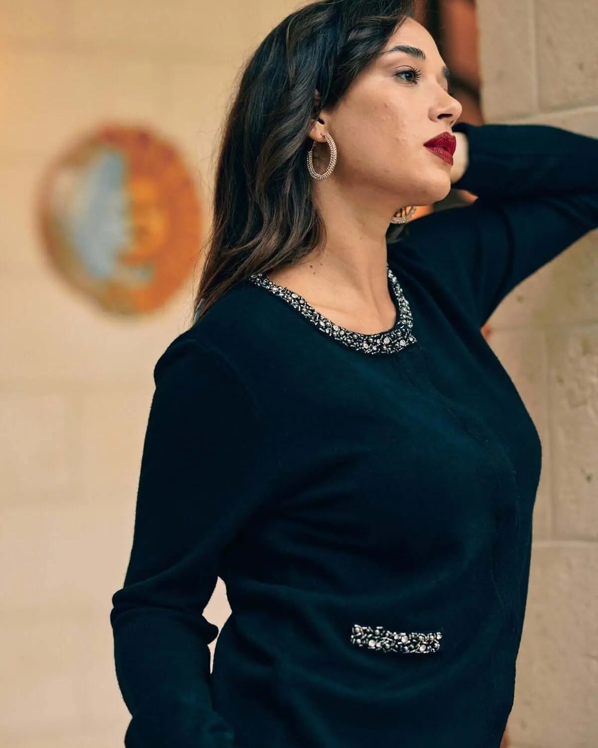 Cardigan nero monopetto con dettagli gioiello NERO DORABELLA