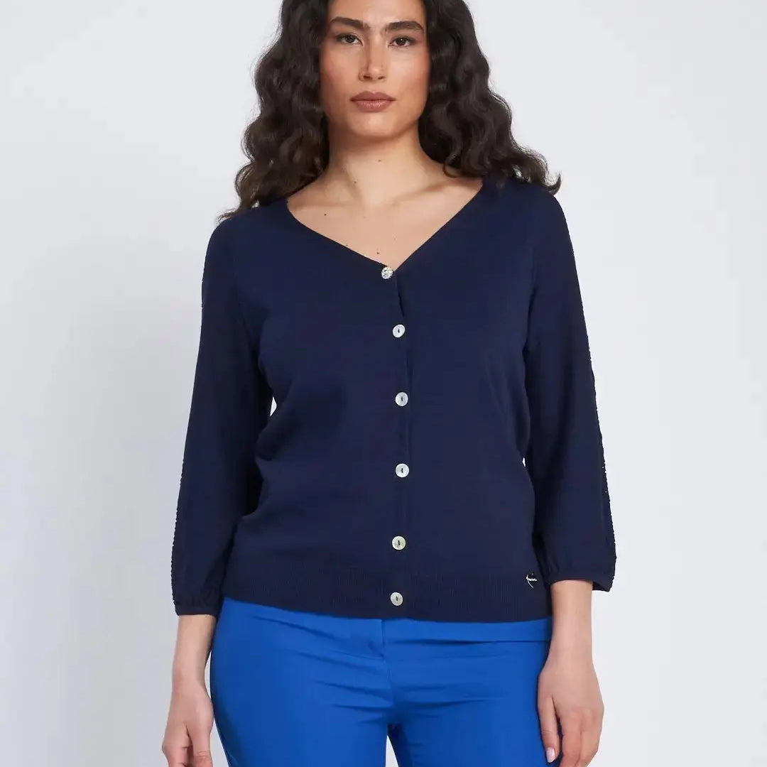 Cardigan scollo a V con bottoni e maniche a trafori BLU DORABELLA XXL