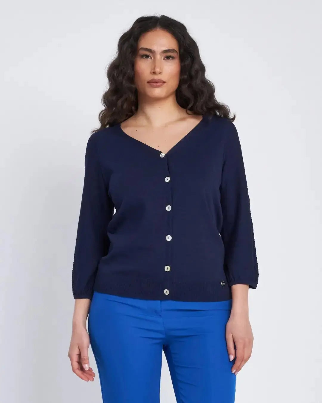 Cardigan scollo a V con bottoni e maniche a trafori BLU DORABELLA XXL