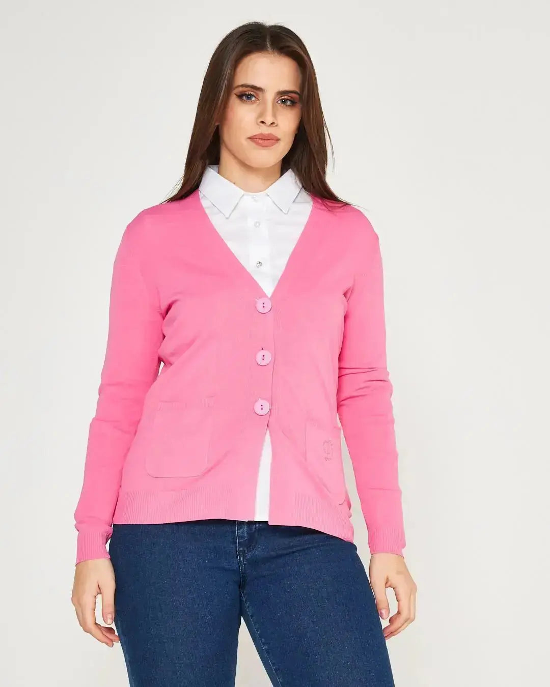 Cardigan scollo a V in maglia di misto viscosa con logo in strass. DORABELLA