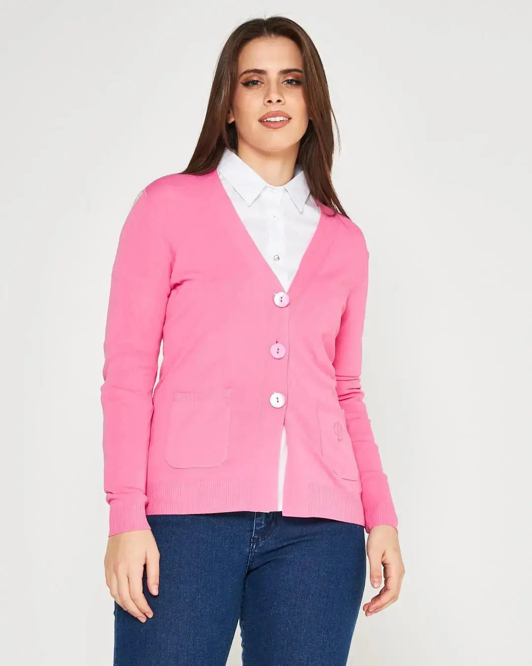 Cardigan scollo a V in maglia di misto viscosa con logo in strass. DORABELLA